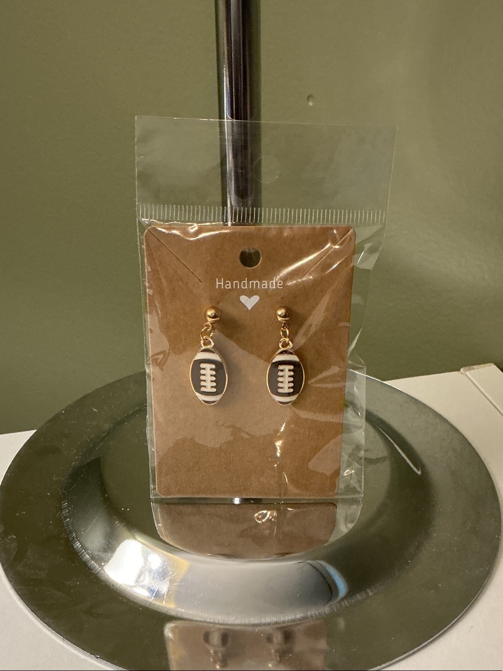 Gold and Brown Football Charm Drop Dangle Post Earrings - Handmade - 1.25” Long